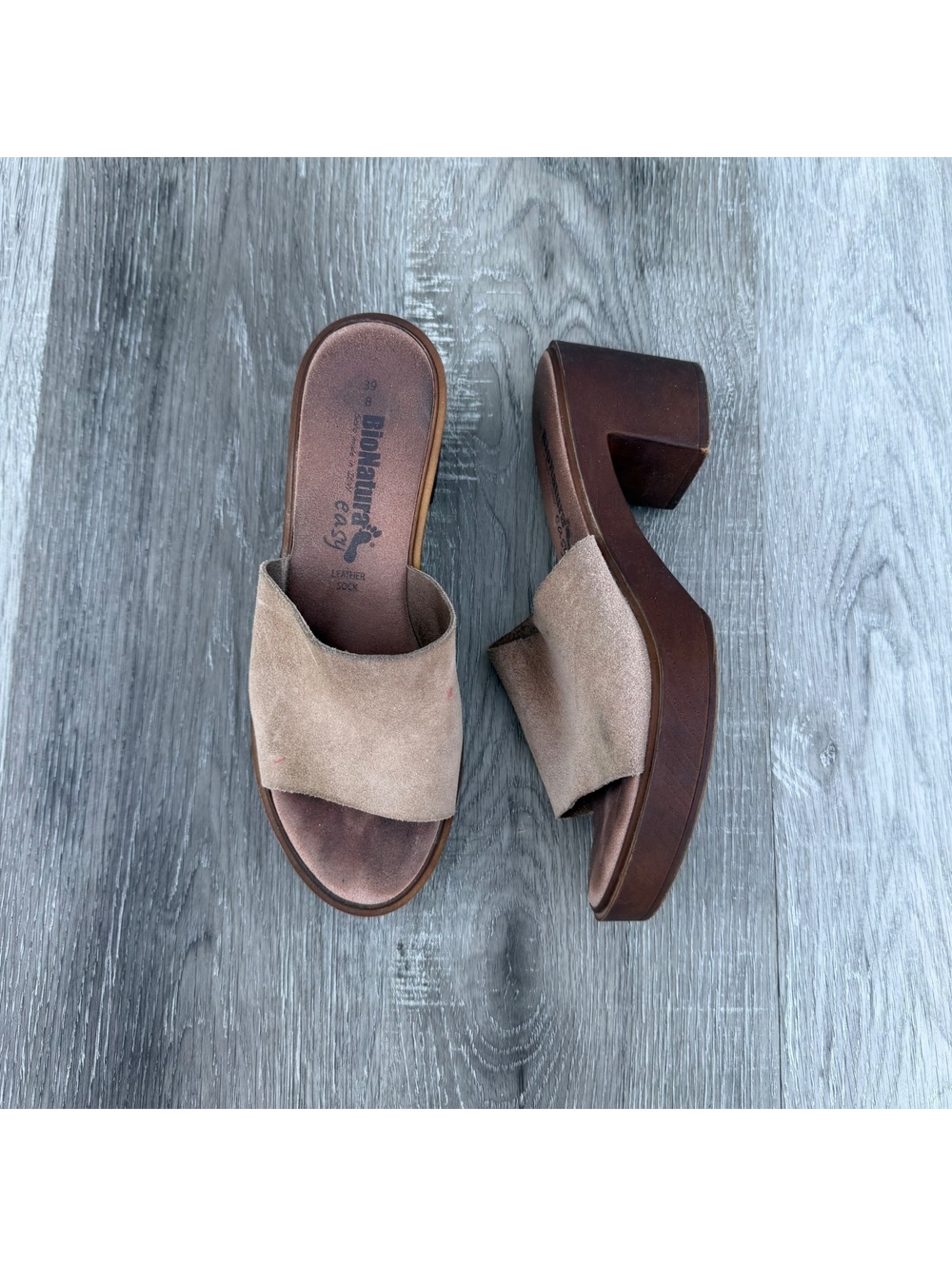 BioNatura slide sandals in a beige or cognac suede finish size 8